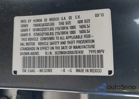 2013 Honda Cr-V Lx z USA, uszkodzony, nr VIN 3CZRM3H39DG707492